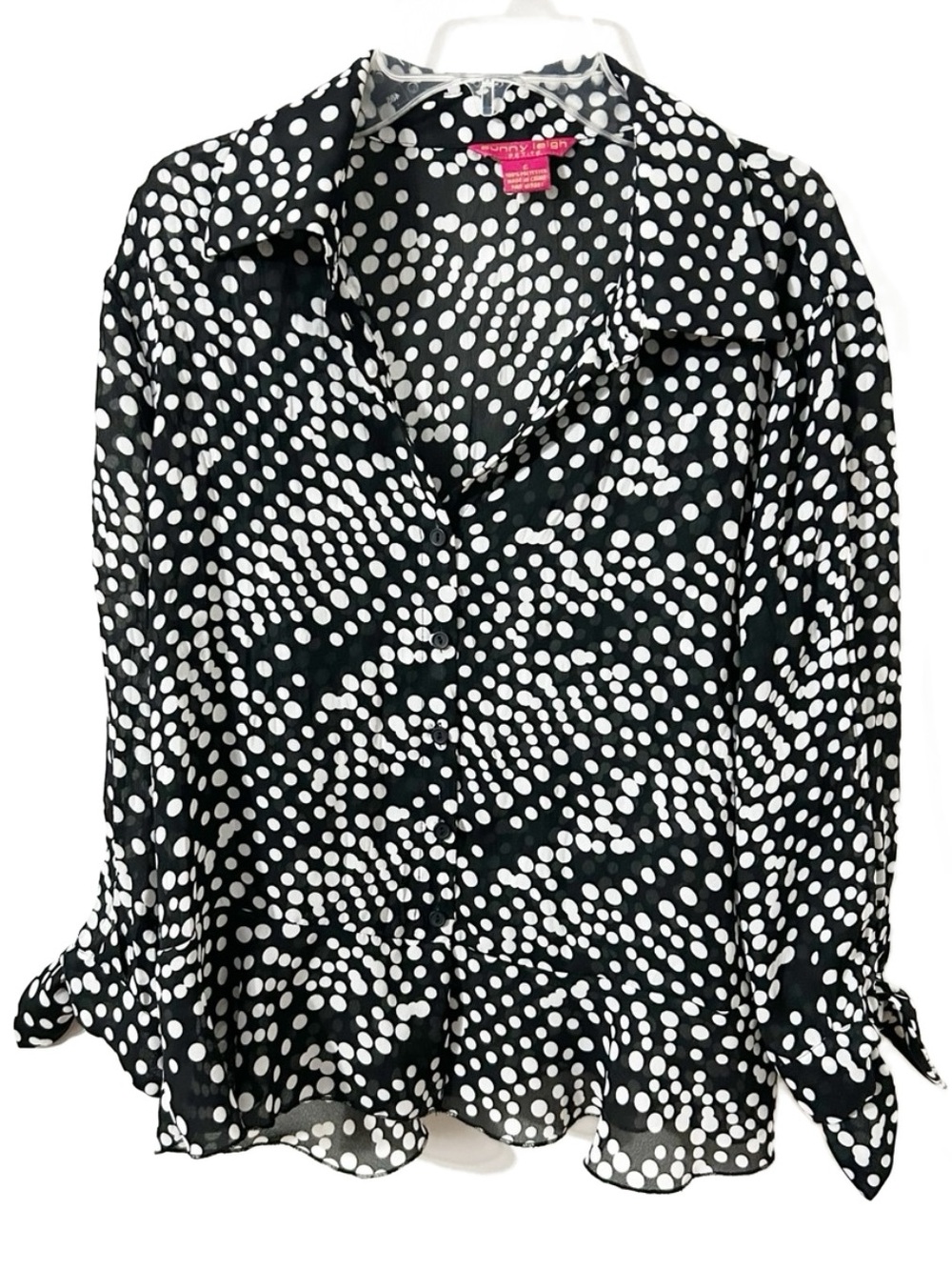 Sunny Leigh Petite Small Black White Polka Dot Blouse Tie Sleeves Ruffled Hem
